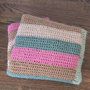 Striped Crochet Lap Blanket in Pink, Green, and Tan